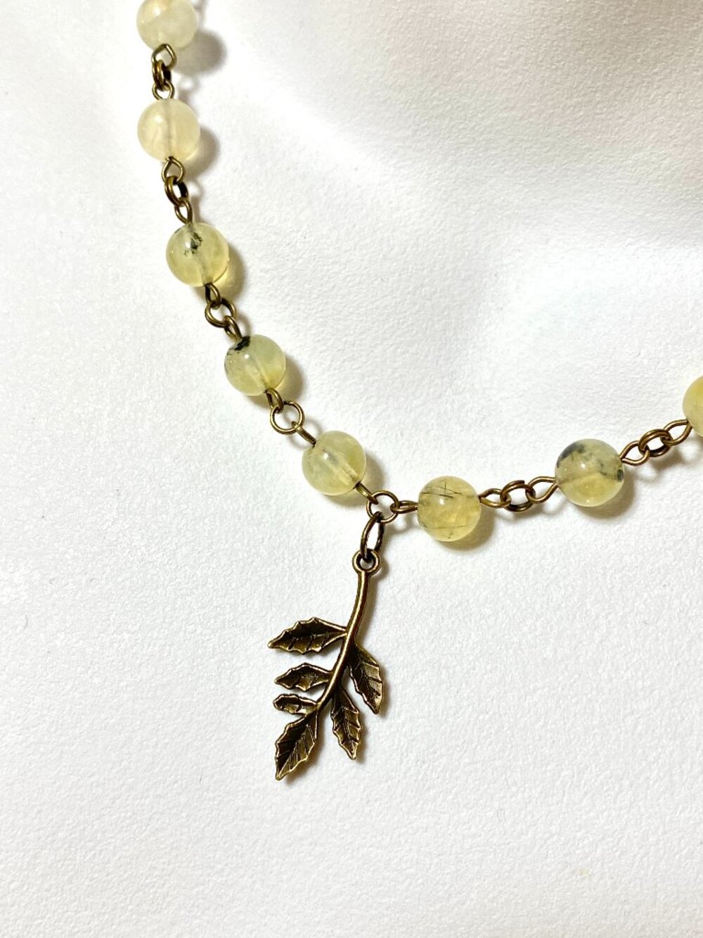Natural Yellow Green Prehnite Short Necklace, Gemstone & Bronze Leaf Branch